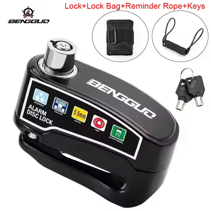 A black lock and reminder rope set for motorcycles featuring an alarm disc lock device.