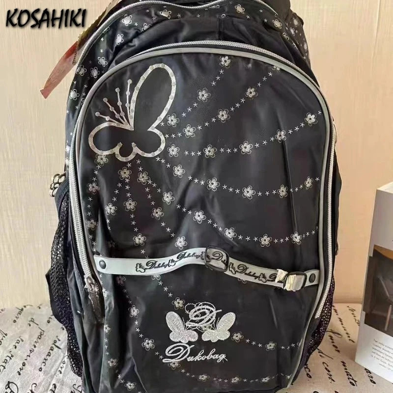 Floral Print Laptop Backpack with Butterfly Accents