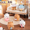 A collection of cute animal-themed blind box figurines in various colors and poses displayed on a wooden shelf.