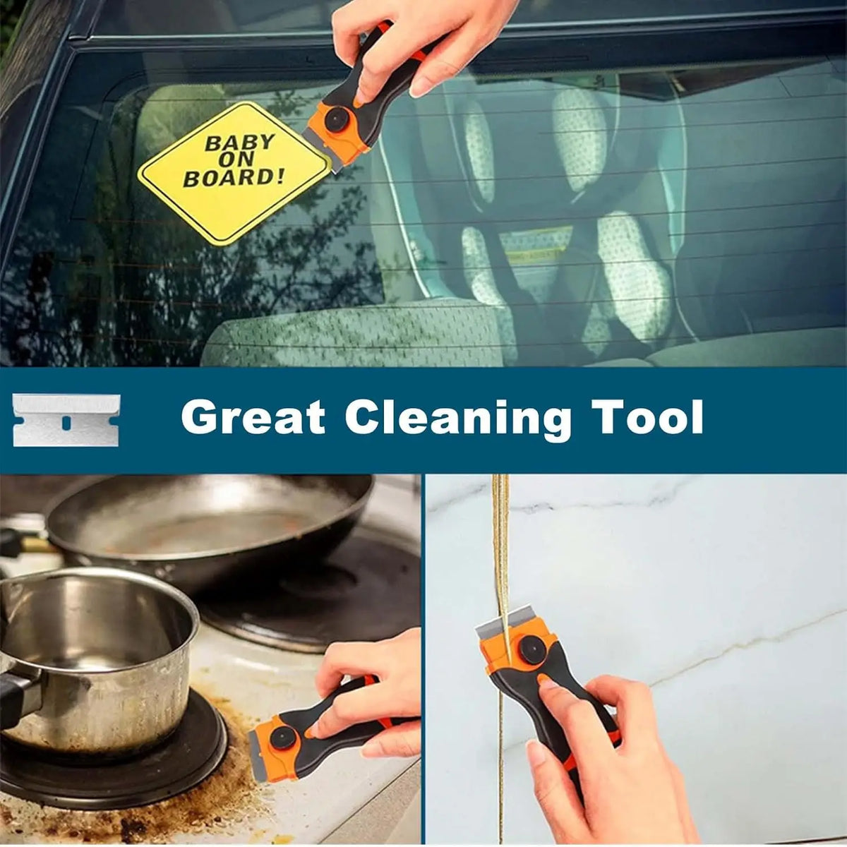 A hand uses a multi-purpose razor blade scraper tool to clean a metal pot.