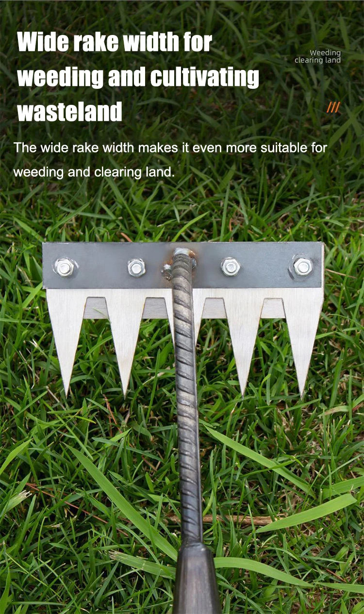 A close-up of a metal rake with wide tines and a wooden handle placed in green grass.