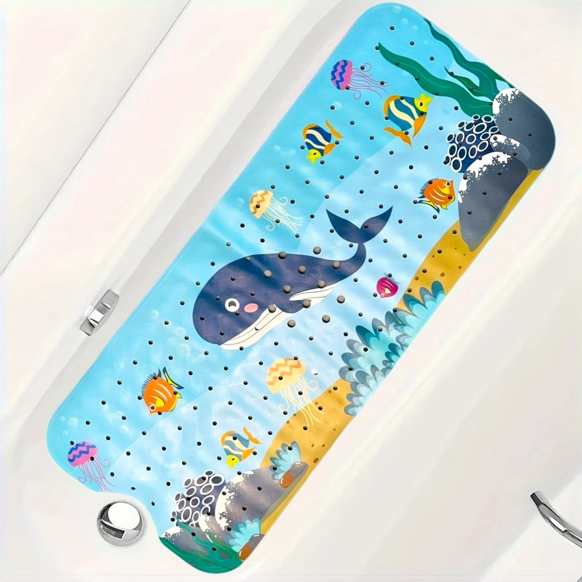 A blue bathtub mat featuring a cartoon underwater scene with colorful fish and sea creatures.