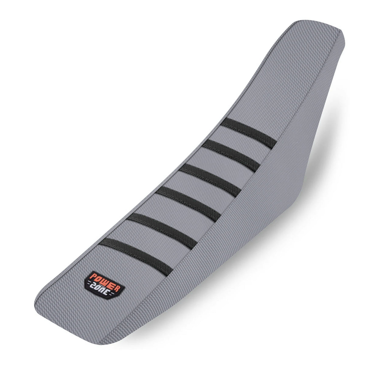 Gray ribbed motorcycle seat cover with black stripes shown from the side.