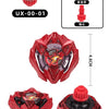 Red metal spinning top battle toy with launcher and various components shown in different angles