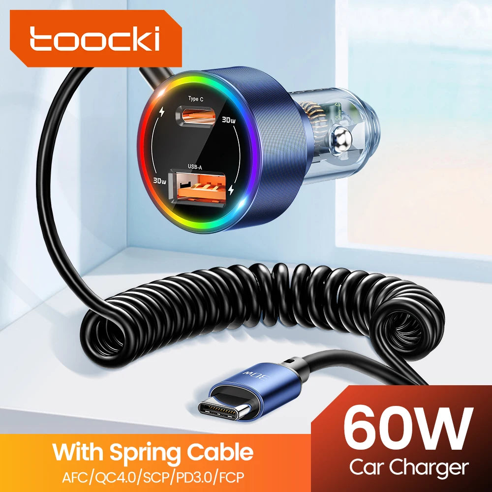 60W USB-C Car Charger with Built-In Spring Cable