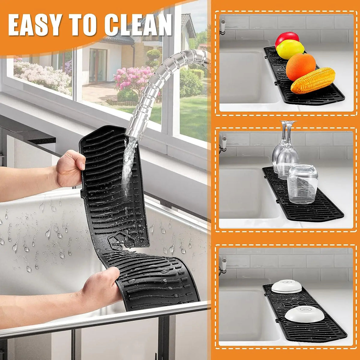 A black silicone faucet mat and sink splash guard is shown being used to clean a kitchen sink.