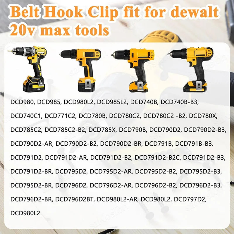 A collection of various belt hook clips and accessories for Dewalt 20V MAX tools.