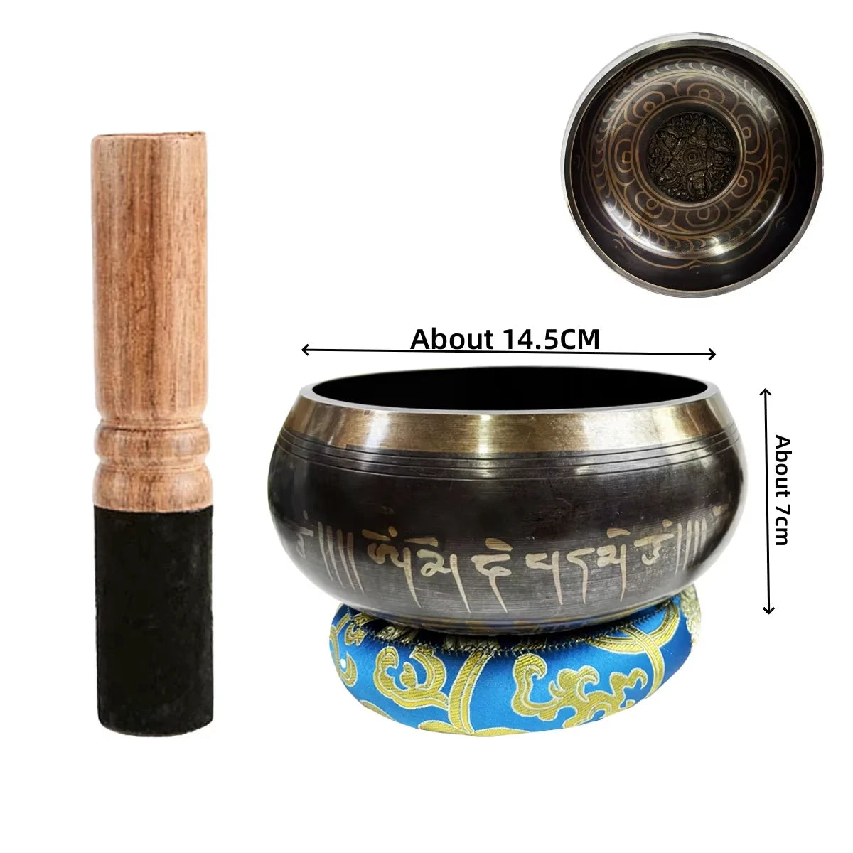 Handcrafted Tibetan singing bowl with a wooden striker and blue cushion