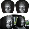 A set of two Ghost Face headrest covers shown in close-up and in a car seat context.