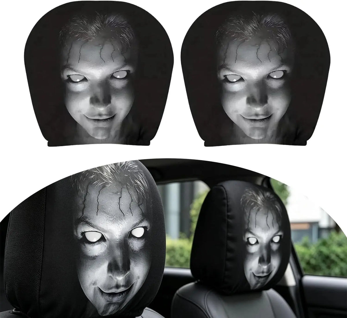 A set of two Ghost Face headrest covers shown in close-up and in a car seat context.