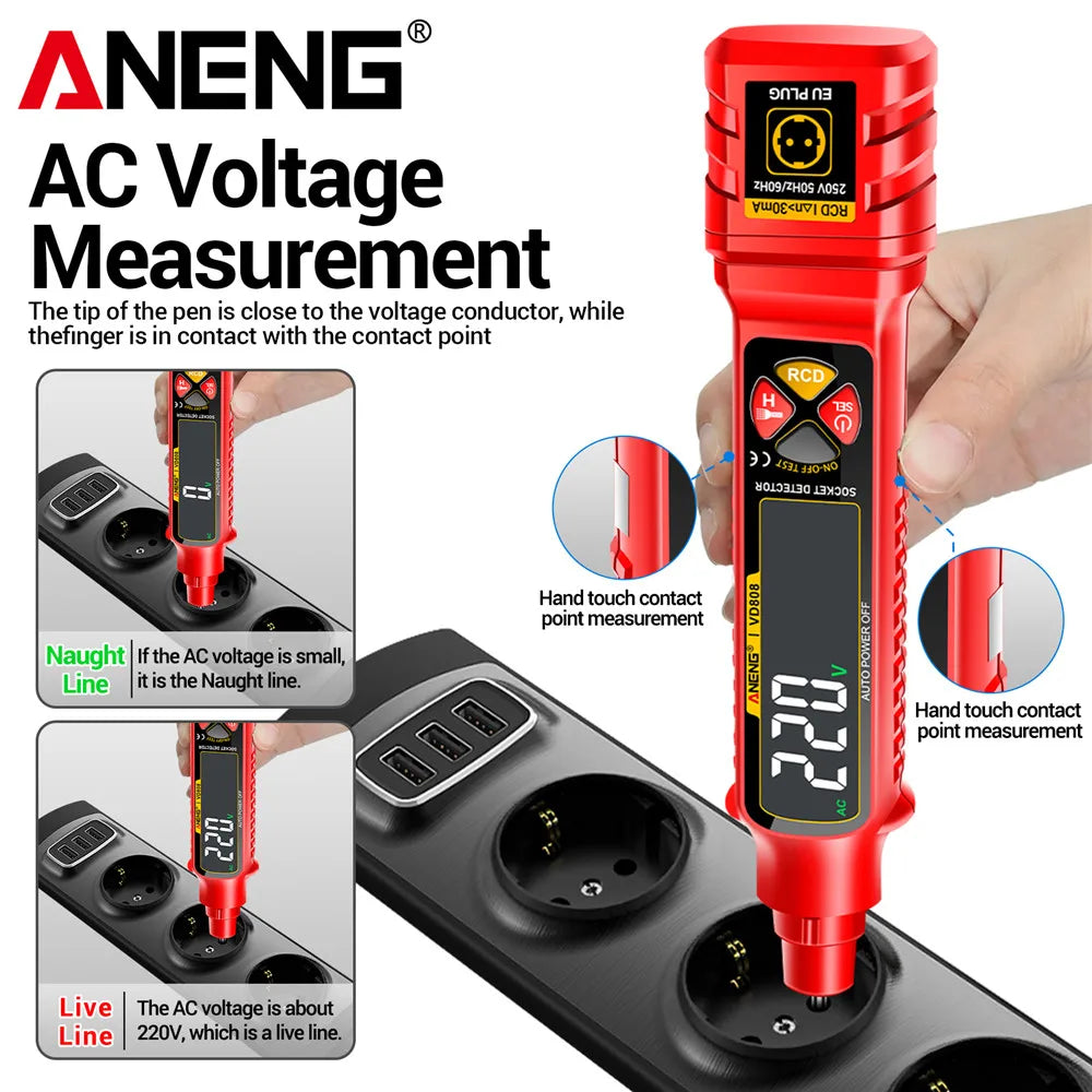 Socket Tester with AC/DC Voltage Detection and Polarity Check