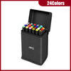 A black storage case containing 24 alcohol art markers in various colors.