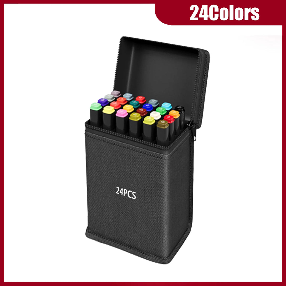 A black storage case containing 24 alcohol art markers in various colors.