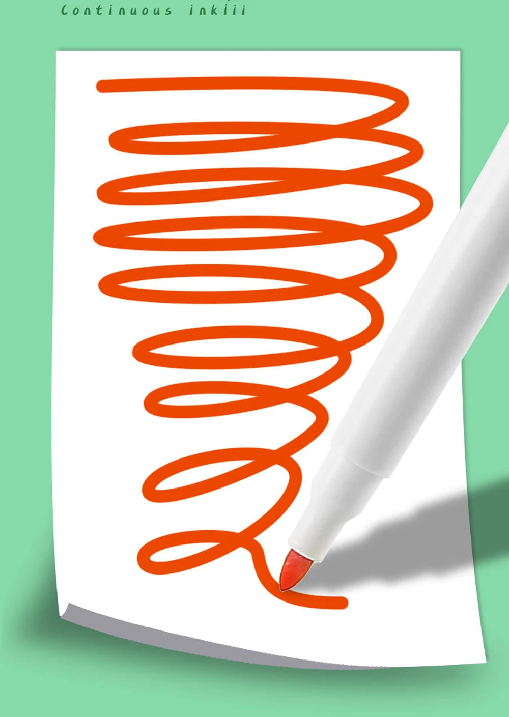 A white marker drawing a continuous orange spiral line on a white sheet of paper.