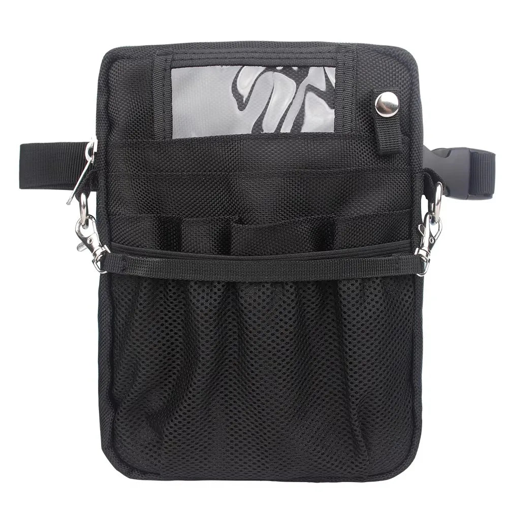 Black multi-pocket crossbody fanny pack designed for nurses with a clear window and adjustable strap.