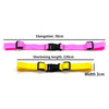 Pink and yellow adjustable backpack chest strap with specified elongation and shortening lengths