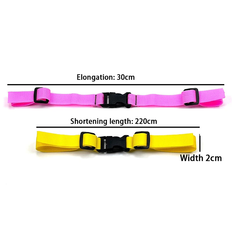 Pink and yellow adjustable backpack chest strap with specified elongation and shortening lengths