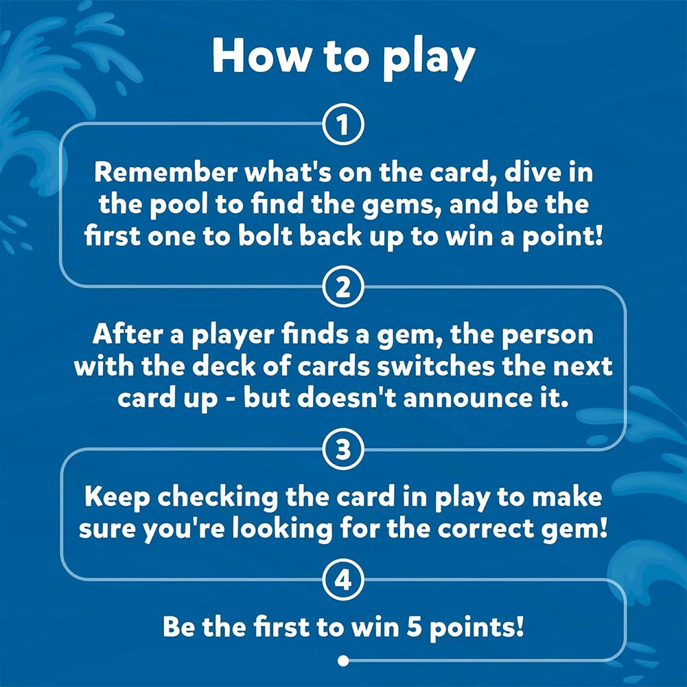Instructions for a pool game showing four steps to find gems and win points