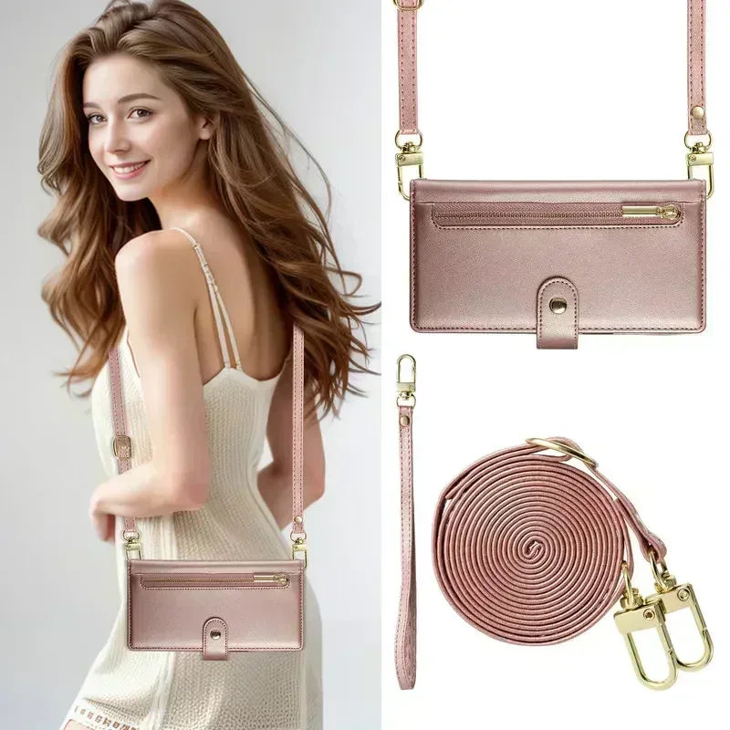 A woman models a pink crossbody phone wallet with card slots and zipper closure.