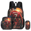 A red football jersey graphic on a black backpack and matching pencil bag.