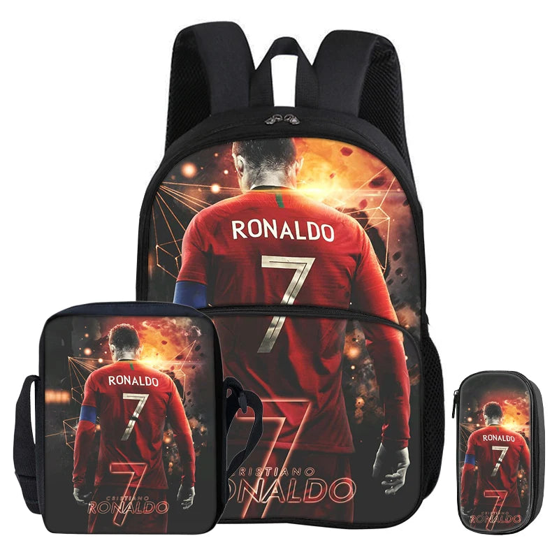 A red football jersey graphic on a black backpack and matching pencil bag.