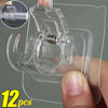 Clear plastic adhesive curtain rod hooks with a clamp mechanism for nail-free hanging in showers and storage