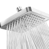 A chrome rainfall shower head with multiple nozzles spraying water down.