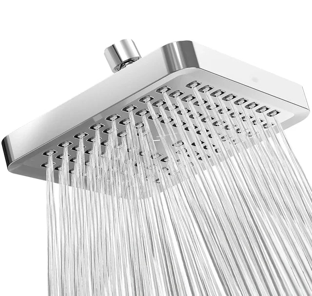 A chrome rainfall shower head with multiple nozzles spraying water down.