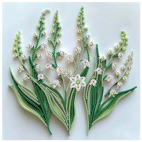 Zartiges Blumen-Diamant-Kunstkit mit grünen und weißen Blumen und Blättern.