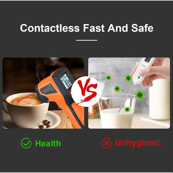 A digital infrared thermometer gun is shown next to a glass of milk, emphasizing contactless measurement for health and safet