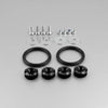 A collection of metal fasteners and rubber bumpers for car body panels.