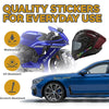 A blue motorcycle helmet decal sticker and a blue car showing the quality stickers for everyday use.