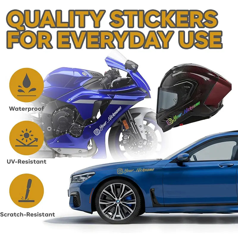 A blue motorcycle helmet decal sticker and a blue car showing the quality stickers for everyday use.