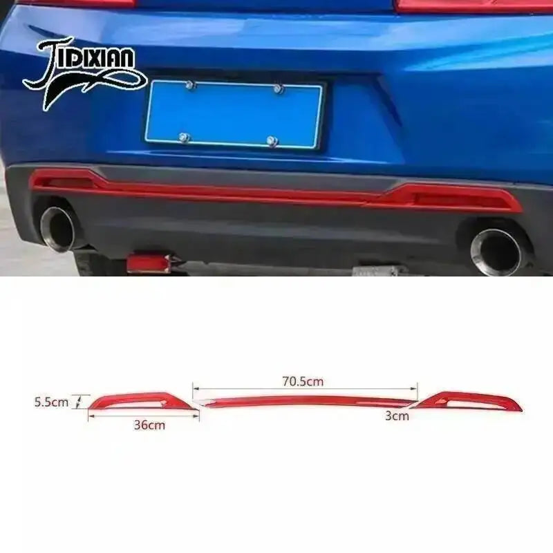 Red interior and exterior trim kit for a Chevrolet Camaro featuring a blue license plate area.