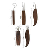 A set of eight wood carving tools with walnut handles shown in various dimensions.