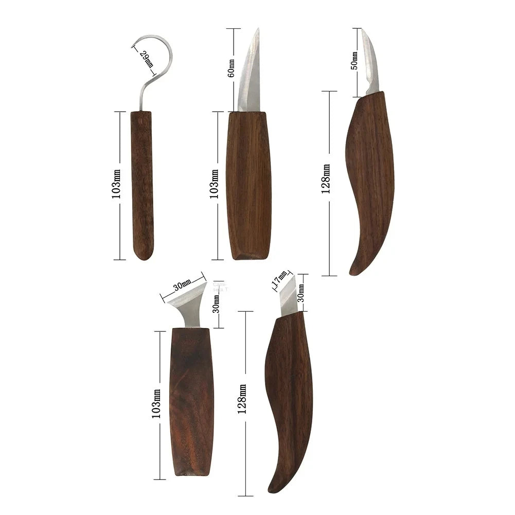 A set of eight wood carving tools with walnut handles shown in various dimensions.