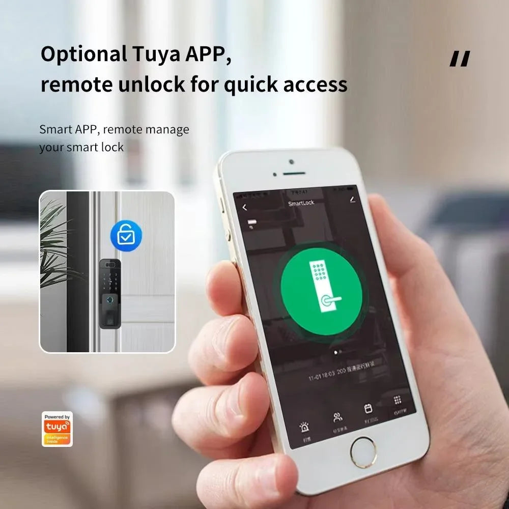 A hand holds a smartphone displaying the Tuya app interface for remote unlocking of a smart door lock.