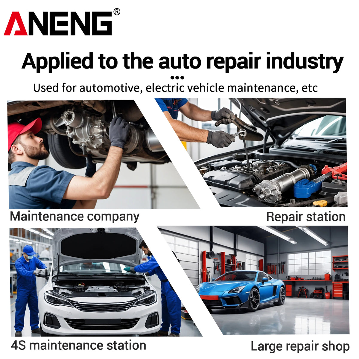 A collage showing various automotive repair services including a maintenance company, repair station, 4S maintenance station,