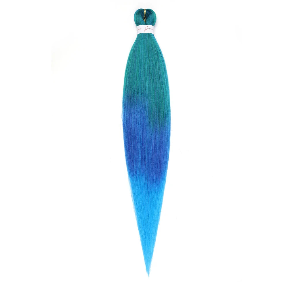 Bündel vorgespanntes Ombré-Flechthaar-Verlängerungen mit leuchtendem Türkis-Blau-Farbverlauf.