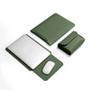 A dark olive green PU leather laptop sleeve with a matching protective cover and mouse shown on a white background.