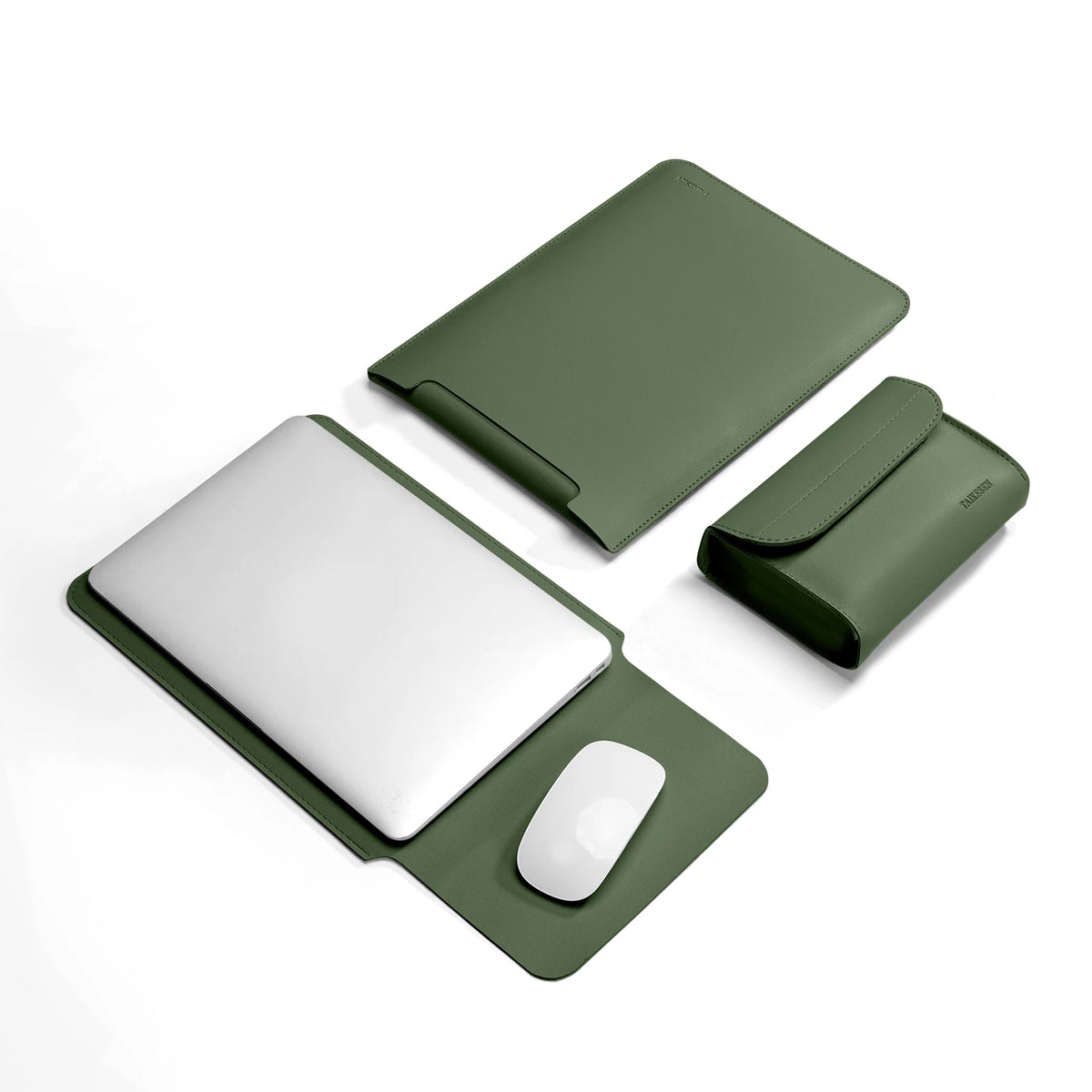 A dark olive green PU leather laptop sleeve with a matching protective cover and mouse shown on a white background.