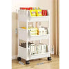 A white mobile multi-tier storage cart with wheels displaying various packaged items.