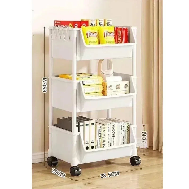 A white mobile multi-tier storage cart with wheels displaying various packaged items.