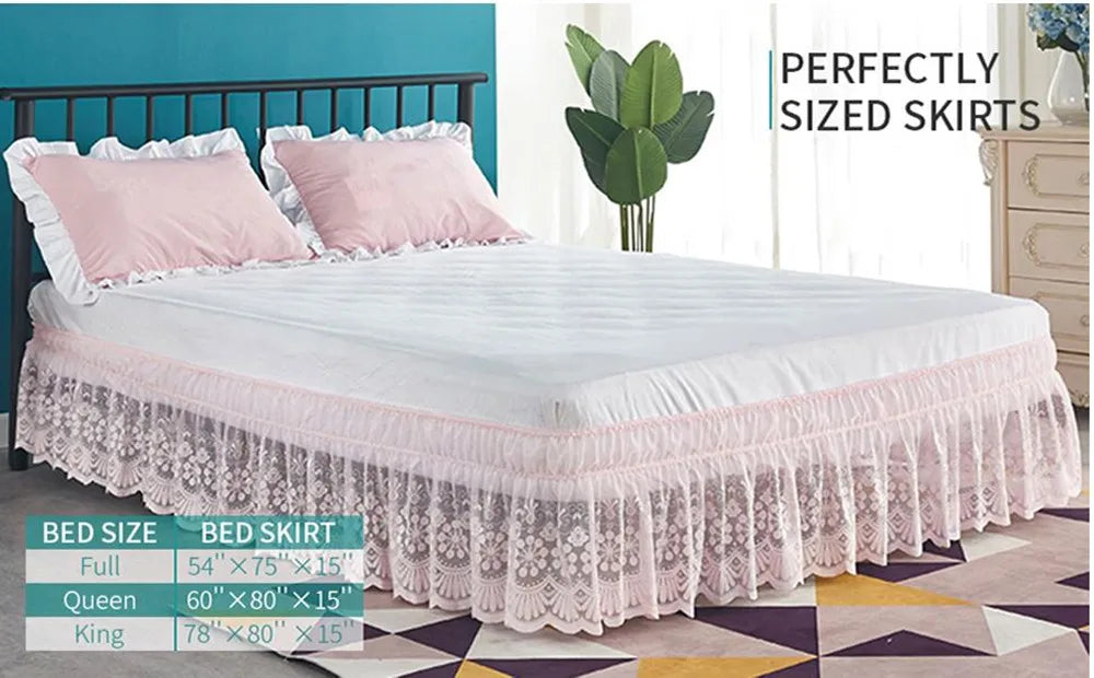 Pink ruffled lace bed skirt in a full size for a queen or king bed
