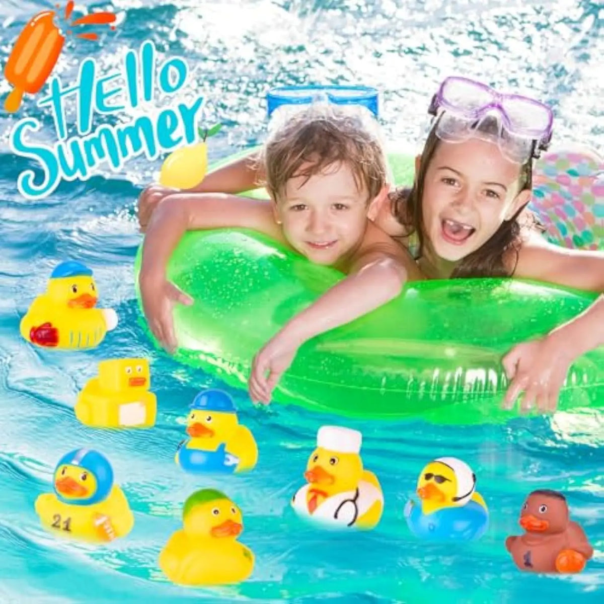 A child is floating on a green inflatable duck toy surrounded by several yellow and blue rubber duckies in water.