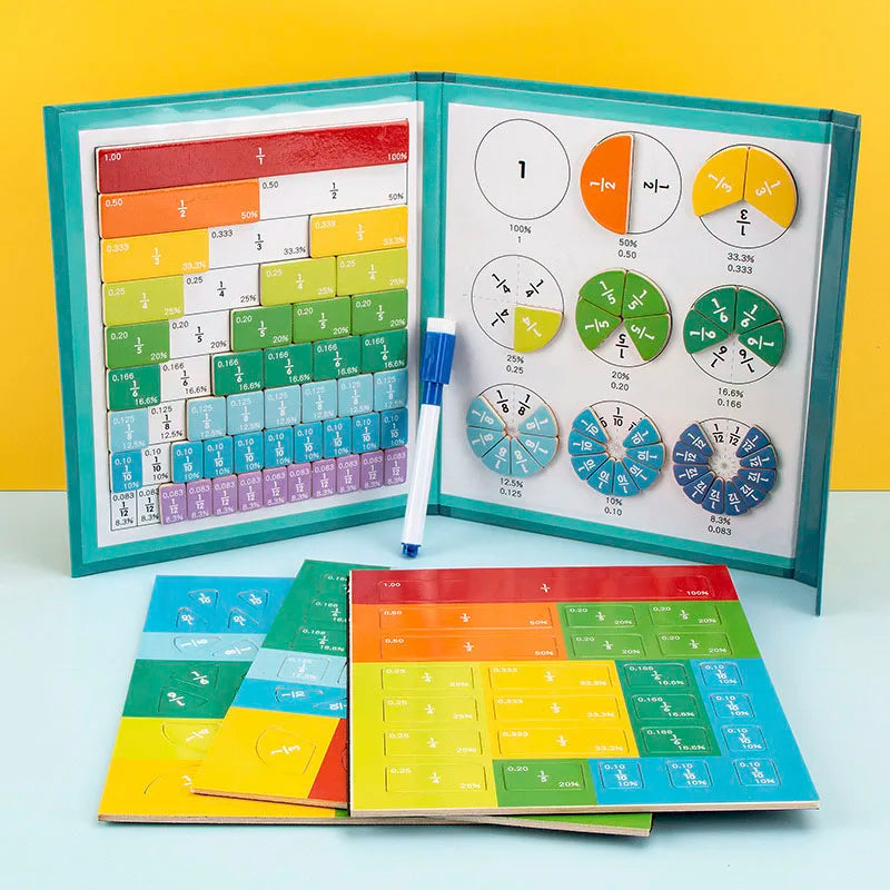 A set of magnetic wooden fraction learning books showing various fractions and percentages.