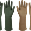 Four reusable non-slip rubber dishwashing gloves in dark green and tan colors shown from the palm view.