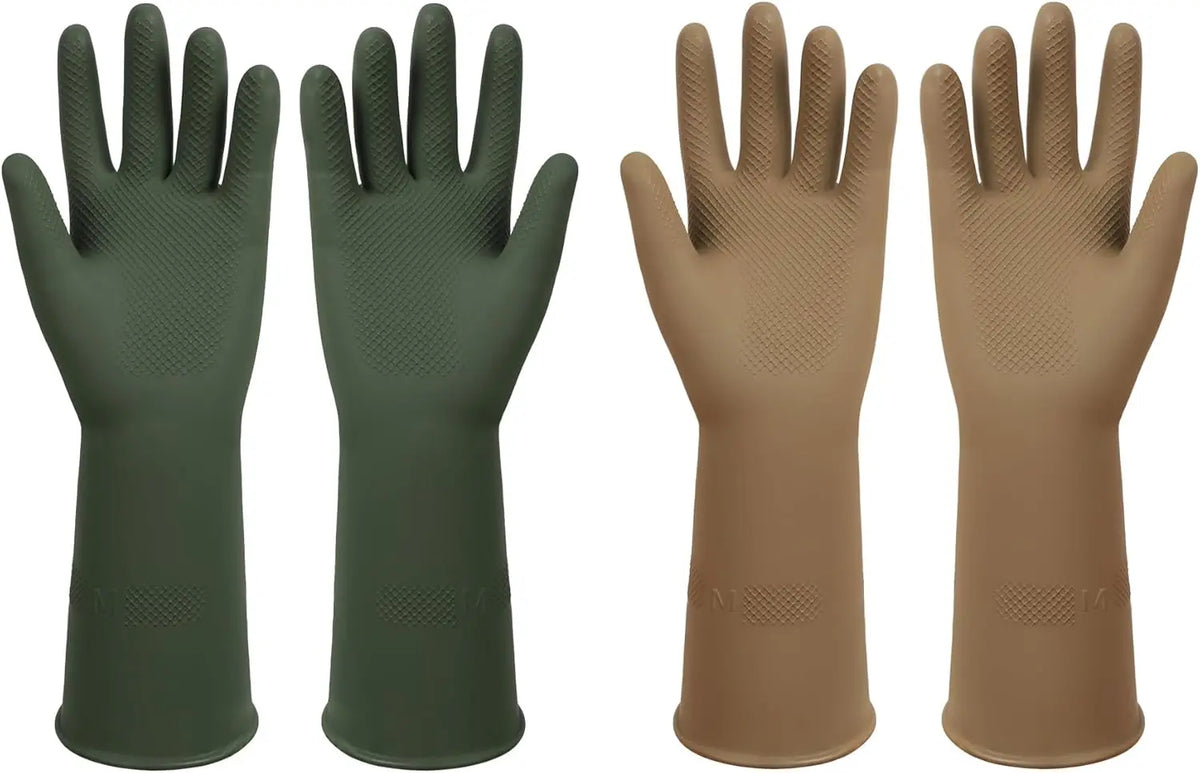 Four reusable non-slip rubber dishwashing gloves in dark green and tan colors shown from the palm view.