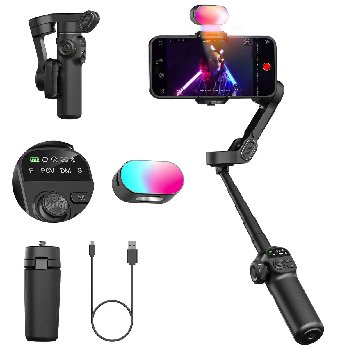 3-Axis Smartphone Gimbal Stabilizer with Built-in Extension Pole and LED Display