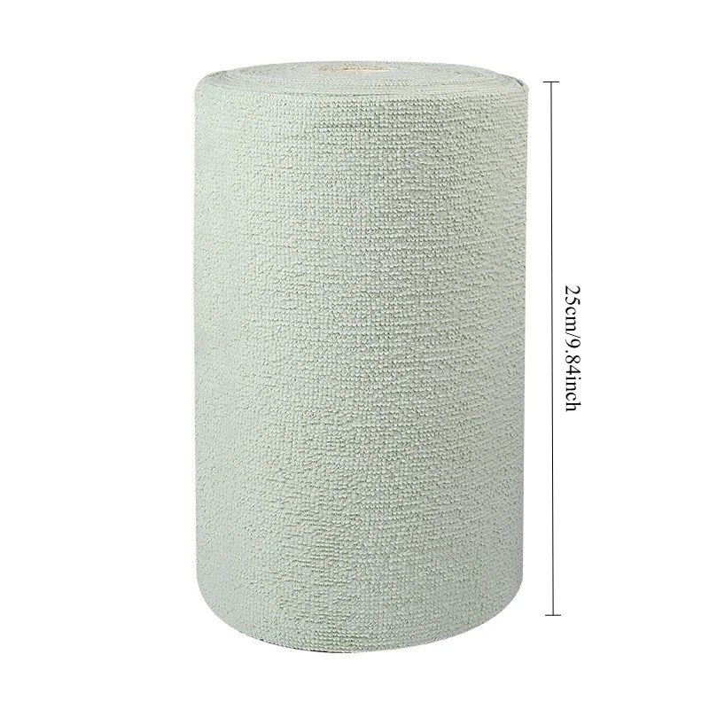 A roll of light green reusable microfiber tear-off towel for kitchen cleaning.